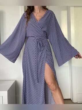 Long bell sleeve minimalist maxi kimono wrap dress in a muted blue Size S-L